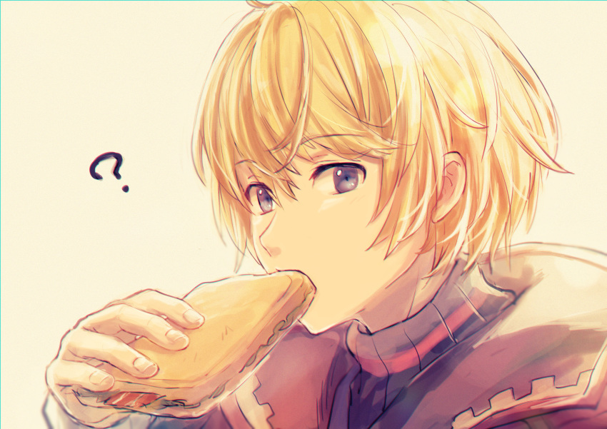 1boy, ?, blonde_hair, eating, eyebrows_visible_through_hair, food, fuwamoko_momen_toufu, highres