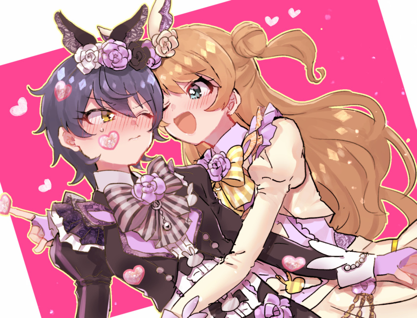aqua_eyes, bangs, black_hair, blush, bow, bowtie, brown_hair, double_bun, facial_mark, heart_facial_mark, highres, hug, idol, kanamori_maria, kiratto_pri_chan, kurokawa_suzu, long_hair, long_sleeves, looking_at_another, morihayashi, pretty_(series), puffy_sleeves, short_hair, smile, striped, striped_bow, upper_body, yellow_eyes, yuri