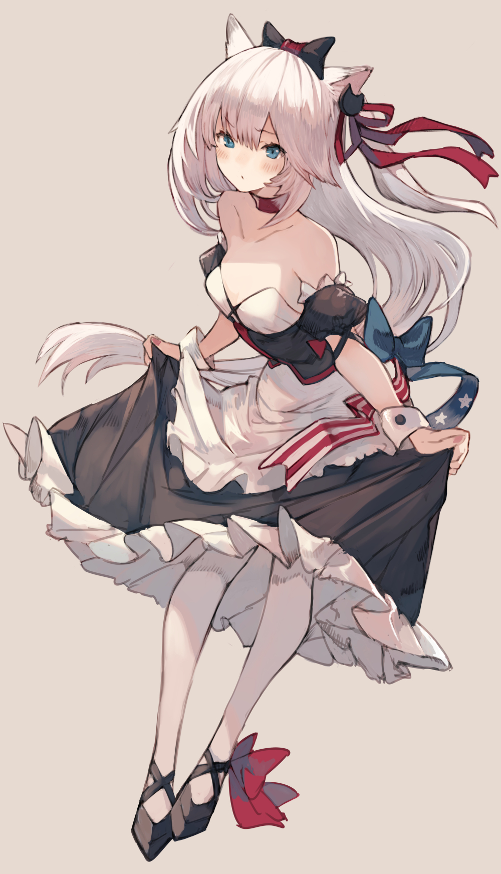 1girl, american_flag, american_flag_print, animal_ear_fluff, animal_ears, apron, azur_lane, bare_shoulders