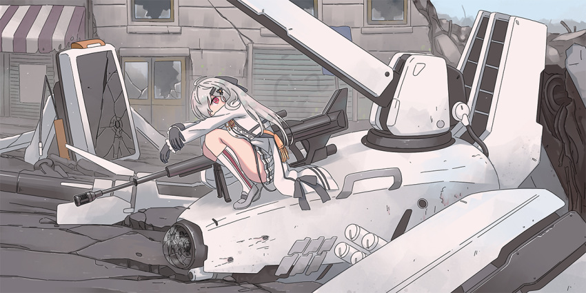 1girl, ahoge, anti-materiel_rifle, black_gloves, broken_glass, broken_window, doppelsoldner_(girls_frontline), girls_frontline, glass, gloves, gun, hair_ornament, hairclip, iws-2000_(girls_frontline), kneehighs, long_hair, long_sleeves, looking_at_viewer, military, military_uniform, paradeus, pleated_skirt, red_eyes, rifle, ruins, scope, silver_hair, skirt, sniper_rifle, squatting, steyr_iws_2000, tab_(tabkun), training_drone_(girls_frontline), uniform, weapon, white_legwear, white_skirt, white_uniform