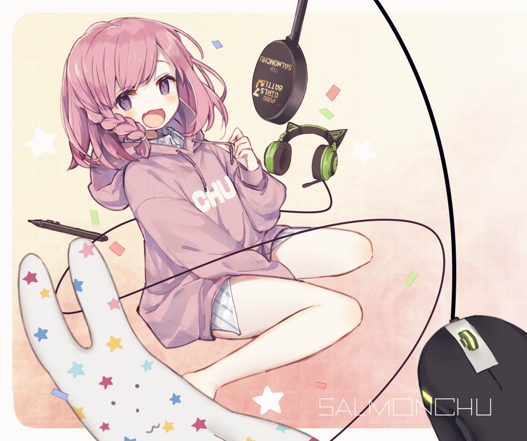 1girl, :d, arm_up, bangs, between_legs, braid, cat_ear_headphones, clothes_writing