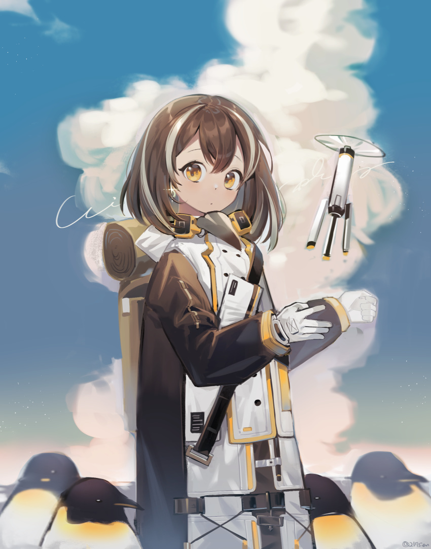 1girl, 217sian, absurdres, arknights, bangs, bird, brown_hair, commentary_request