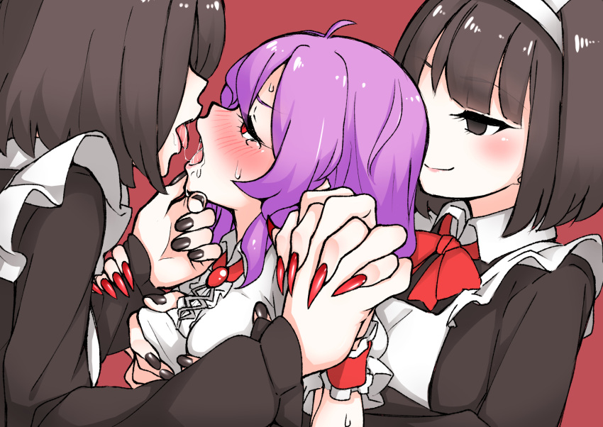 3girls, apron, bat_wings, blue_hair, blush, dress, fingernails, french_kiss, hat, kameyan, kiss, lavender_hair, long_fingernails, maid, maid_headdress, mob_cap, multiple_girls, nail_polish, open_mouth, pink_dress, red_eyes, remilia_scarlet, short_hair, touhou, wings, yuri