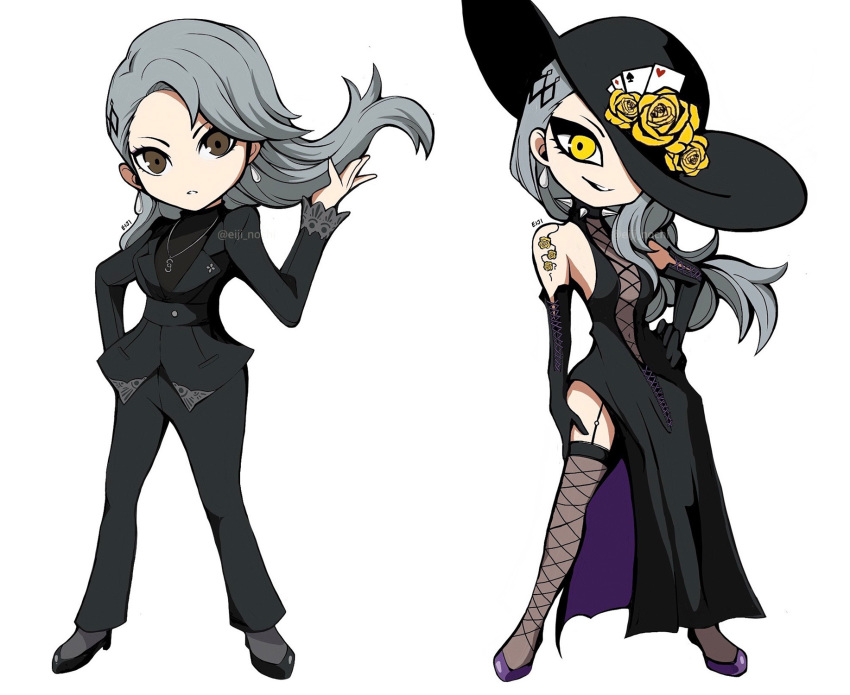 1girl, bare_shoulders, black_dress, black_footwear, black_gloves, black_headwear, black_jacket, black_legwear
