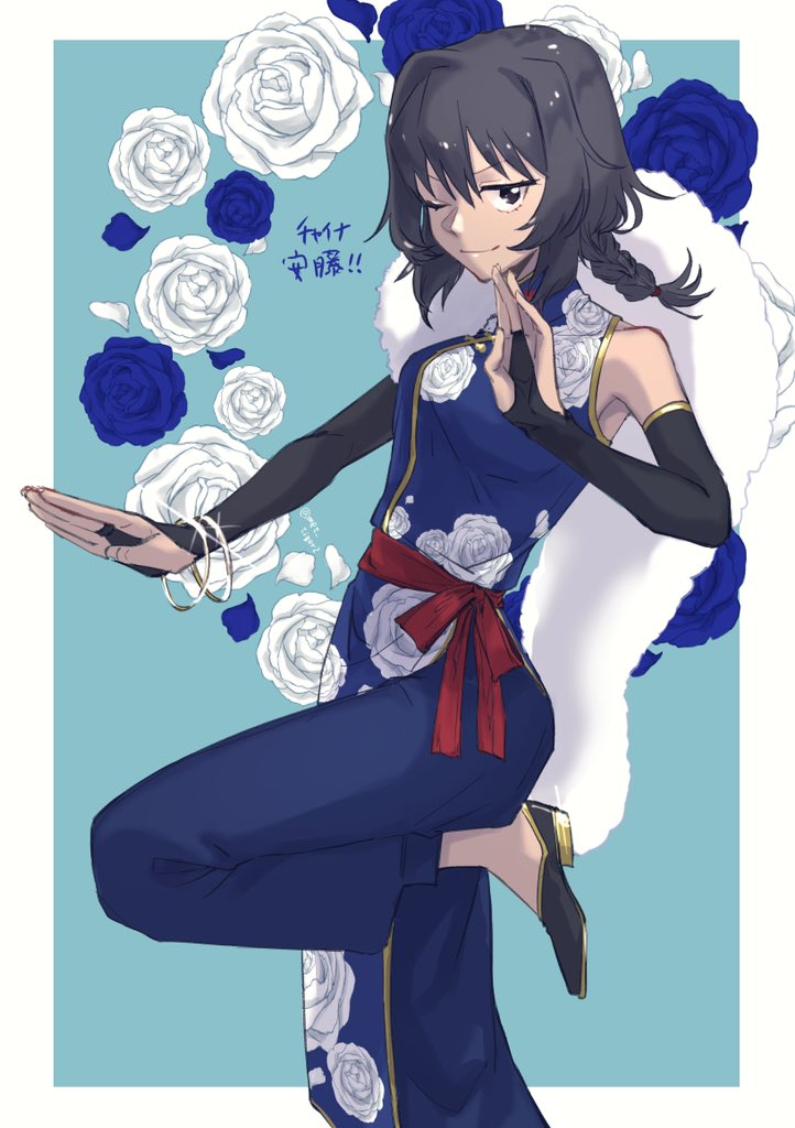 1girl, andou_(girls_und_panzer), black_eyes, black_hair, braid, china_dress, chinese_clothes, dress