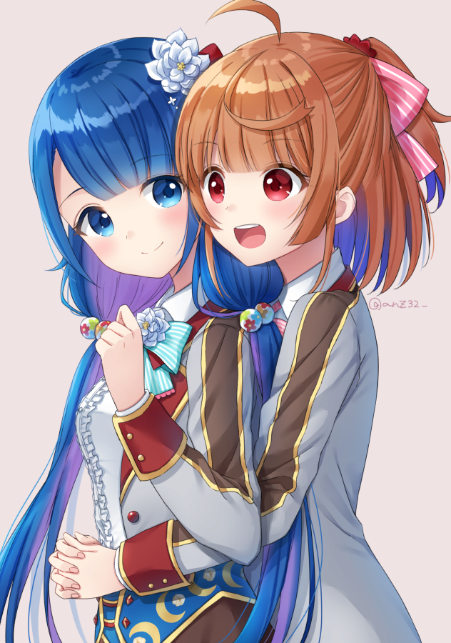 2girls, :d, ahoge, anz32, bangs, blue_hair, bow, breasts
