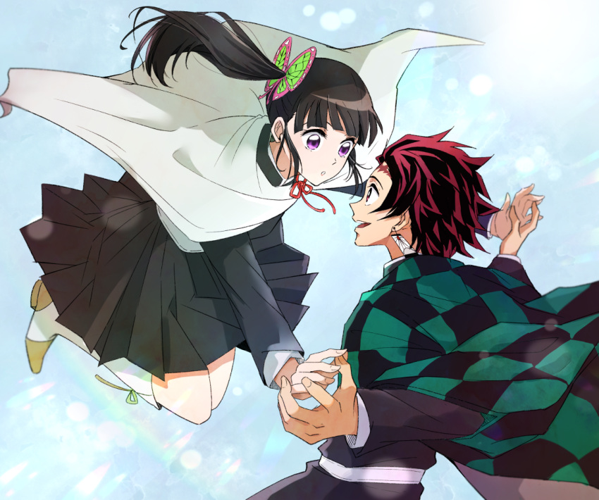 1boy, 1girl, :d, :o, black_hair, black_jacket, black_skirt, blue_sky