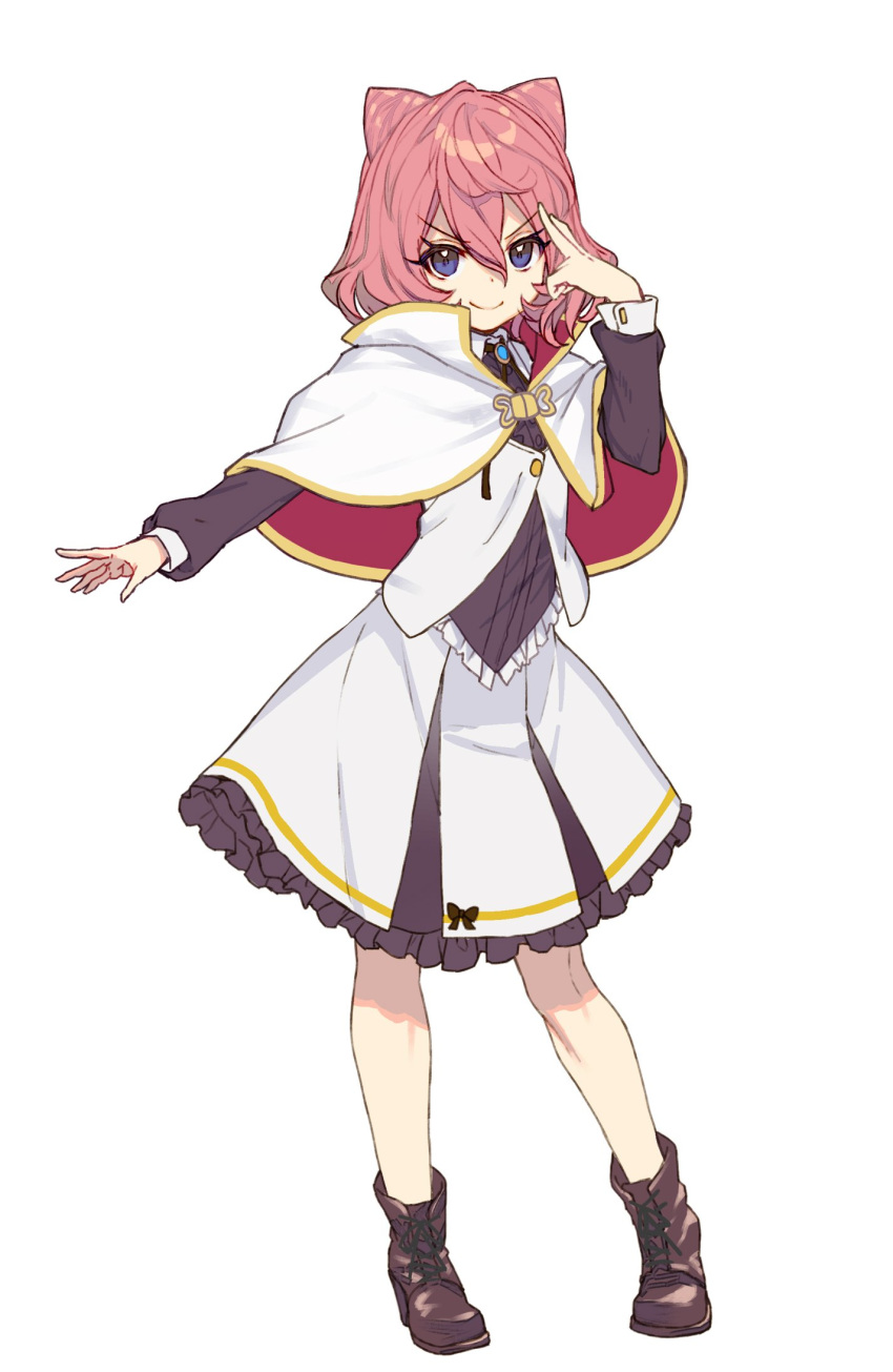 1girl, ankle_boots, boots, brown_footwear, capelet, closed_mouth, cross-laced_footwear, double_bun