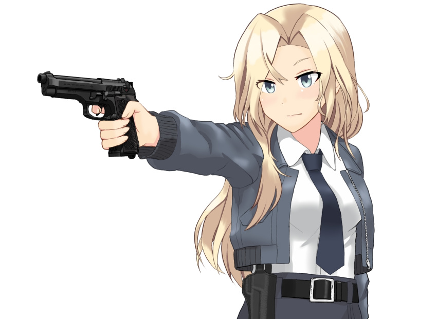 1girl, belt, beretta_92, beretta_m9, black_belt, blue_jacket, blue_neckwear, breasts