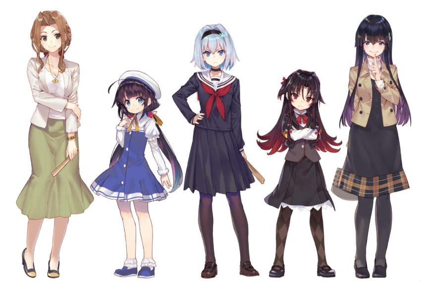 5girls, ahoge, argyle, argyle_legwear, black_dress, black_footwear, black_hairband, black_legwear, blue_dress, blue_footwear, blue_hair, braid, brown_footwear, brown_hair, brown_jacket, brown_legwear, closed_mouth, crossed_arms, double-breasted, dress, fan, folding_fan, gradient_hair, green_eyes, green_skirt, grey_jacket, grey_shirt, grey_skirt, hair_ornament, hairband, hand_on_hip, hand_up, hat, high_heels, hinatsuru_ai, holding, holding_fan, jacket, jewelry, kiyotaki_keika, kugui_machi, loafers, long_hair, long_skirt, long_sleeves, looking_at_viewer, low-tied_long_hair, low_twintails, multicolored_hair, multiple_girls, neck_ribbon, neckerchief, necklace, pantyhose, pendant, purple_hair, red_eyes, red_neckwear, red_ribbon, redhead, ribbon, ryuuou_no_oshigoto!, sailor_collar, school_uniform, serafuku, shirabi, shirt, shoes, short_dress, simple_background, skirt, smile, snowflake_hair_ornament, socks, sora_ginko, twintails, violet_eyes, watch, watch, white_background, white_headwear, white_legwear, white_sailor_collar, white_shirt, yashajin_ai