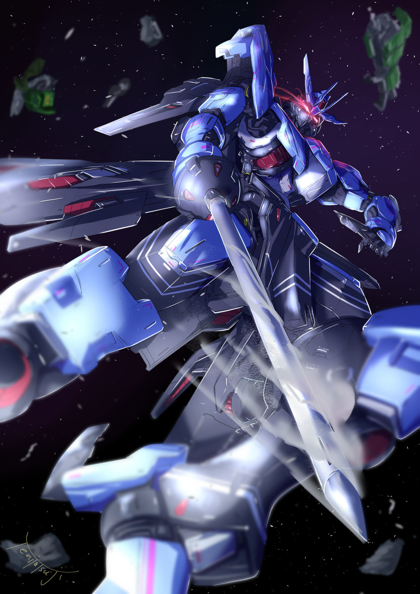 absurdres, artist_name, flying, glowing, glowing_eyes, gundam, gundam_tekketsu_no_orphans, gundam_vidar, highres, holding, holding_sword, holding_weapon, looking_down, mecha, no_humans, red_eyes, solo, space, sword, tetsuya_tsuji, v-fin, weapon