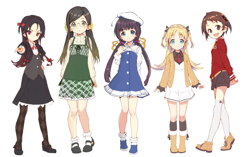 5girls, :d, argyle, argyle_legwear, ascot, black_hair, black_legwear, black_skirt