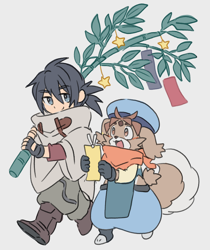 2boys, animal_ears, bamboo, black_eyes, black_gloves, black_hair, chibi, dog_ears