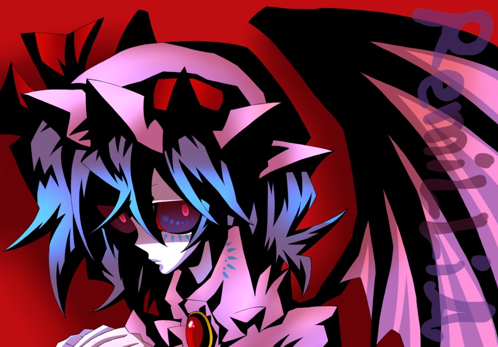 bat_wings, blue_hair, devil_wings, ninomae, remilia_scarlet, solo, touhou, wings