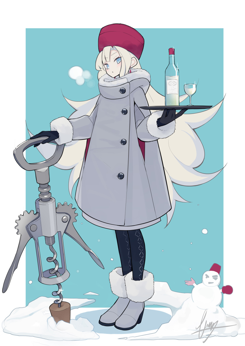 1girl, absurdres, alcohol, black_gloves, black_pants, blue_eyes, boots, bottle