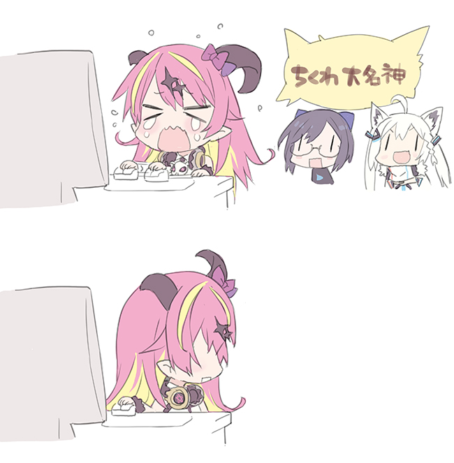 >_<, 3girls, ahoge, animal_ears, black_hair, blade_(galaxist), blonde_hair, braid