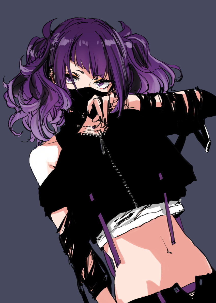 1girl, bangs, bare_shoulders, bavarian_clothes, black_nails, blue_background, diagonal_bangs, dutch_angle