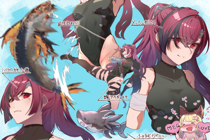 2girls, animal_ears, bandaged_arm, bandages, blonde_hair, blush, covered_navel, cross_scar