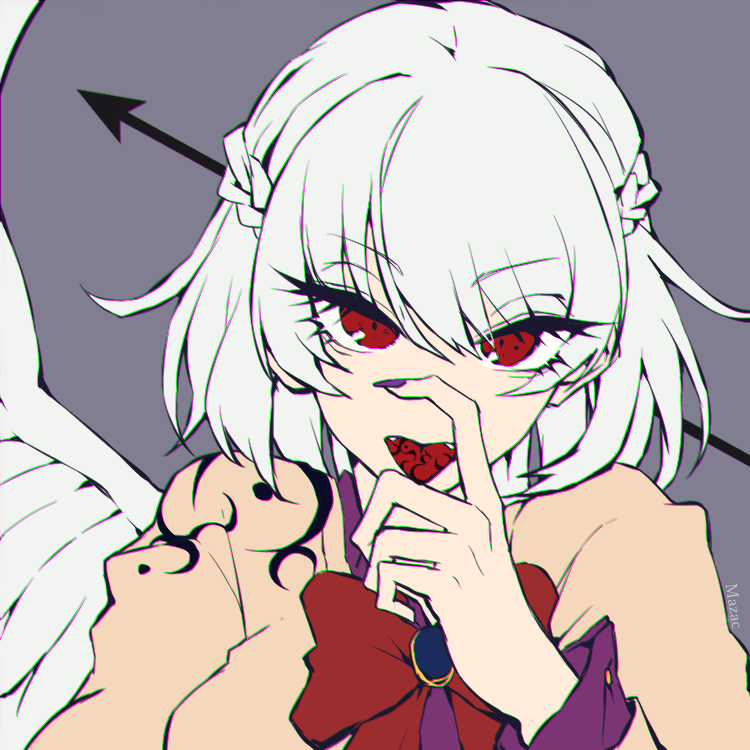 1girl, arrow_(symbol), bow, bowtie, commentary_request, feathered_wings, fingernails, grey_background
