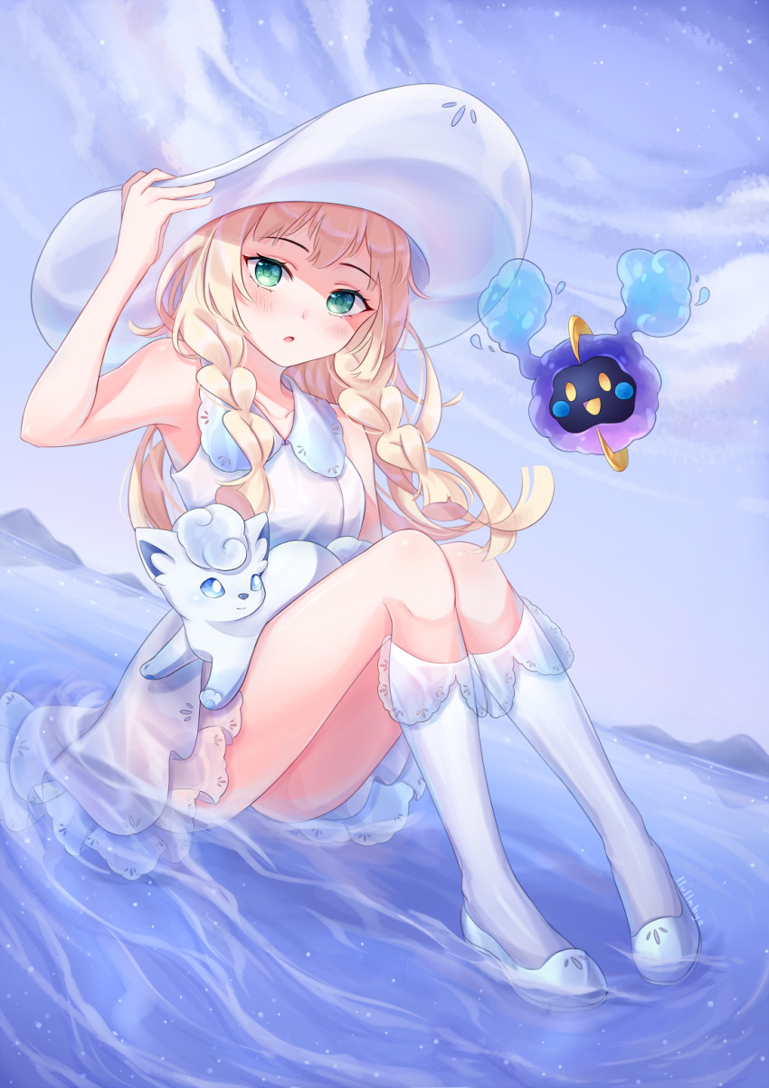 1girl, :o, alolan_form, alolan_vulpix, artist_name, ass, bangs, bare_arms, bare_shoulders, blonde_hair, blue_sky, blush, boots, braid, breasts, clouds, cloudy_sky, collarbone, cosmog, day, dress, gen_7_pokemon, green_eyes, hand_on_headwear, hat, highres, kneehighs, lacieon, legendary_pokemon, lillie_(pokemon), long_hair, looking_at_viewer, on_lap, open_mouth, pokemon, pokemon_(creature), pokemon_(game), pokemon_on_lap, pokemon_sm, shoes, sitting, sky, sleeveless, sleeveless_dress, small_breasts, sun_hat, twin_braids, wading, water, white_dress, white_footwear, white_headwear, white_legwear