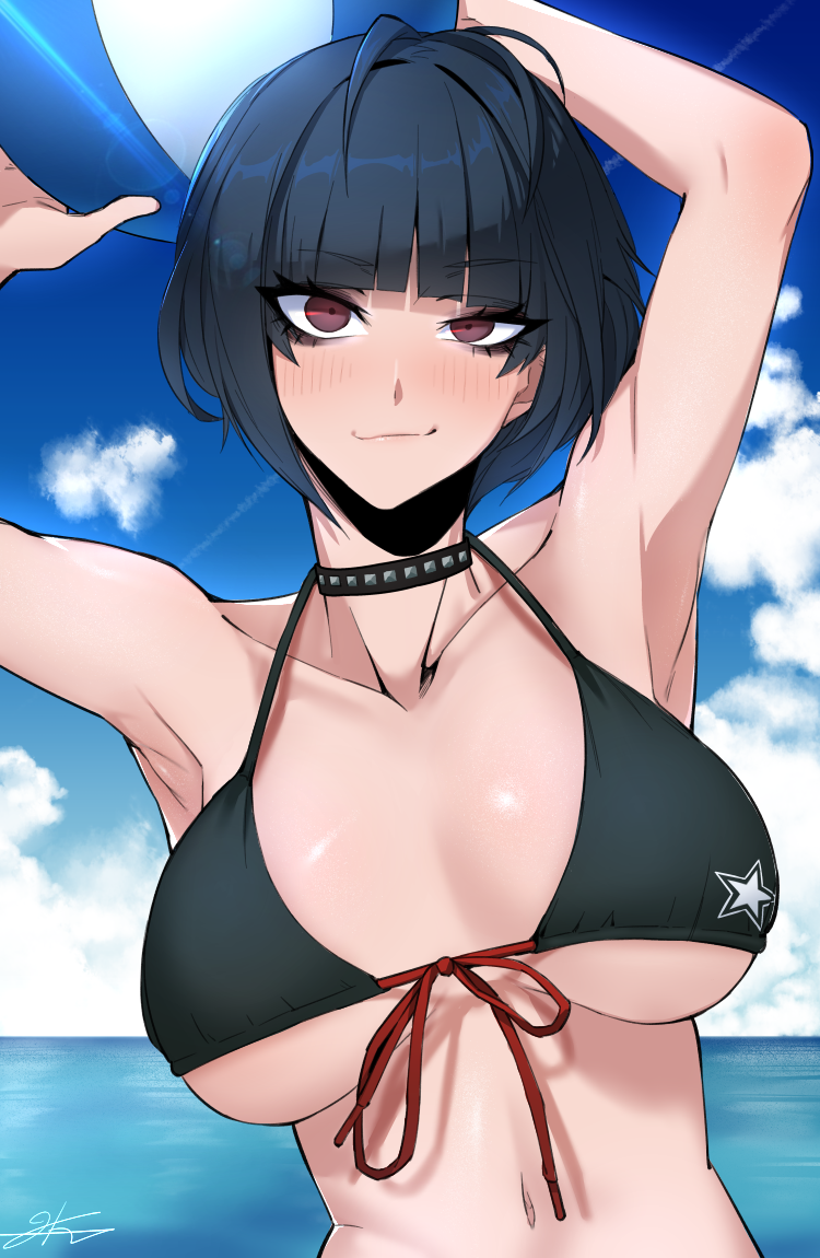 1girl, ball, bangs, beachball, bikini, black_bikini, black_hair, choker