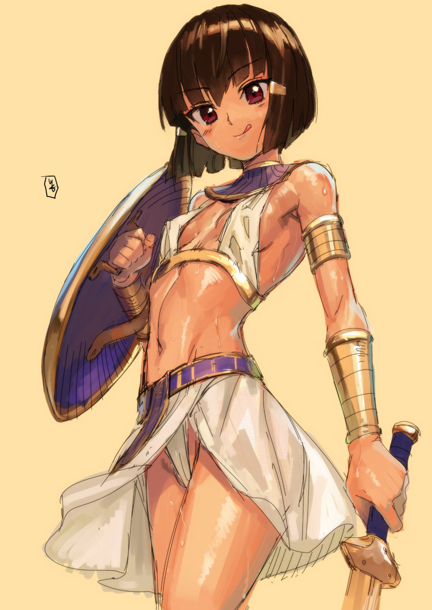 1girl, :q, assal_(sennen_sensou_aigis), bare_shoulders, black_hair, breasts, brown_eyes, covered_nipples, dark_skin, egyptian_clothes, highres, holding, holding_shield, holding_sword, holding_weapon, kawakami_rokkaku, navel, sennen_sensou_aigis, shield, short_hair, simple_background, small_breasts, smile, solo, sword, tongue, tongue_out, usekh_collar, weapon, yellow_background