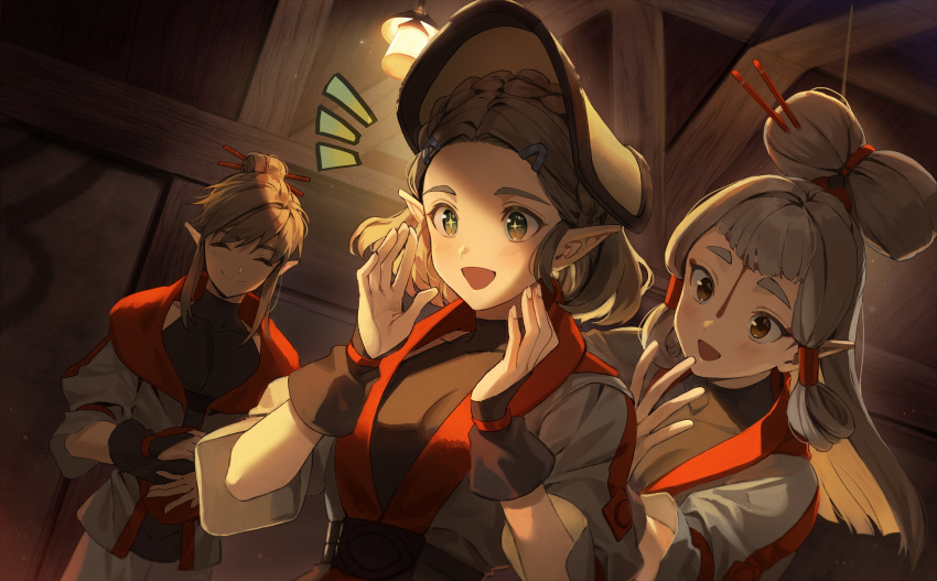 +_+, 1boy, 2girls, :d, absurdres, alternate_costume, alternate_hairstyle, bob_cut