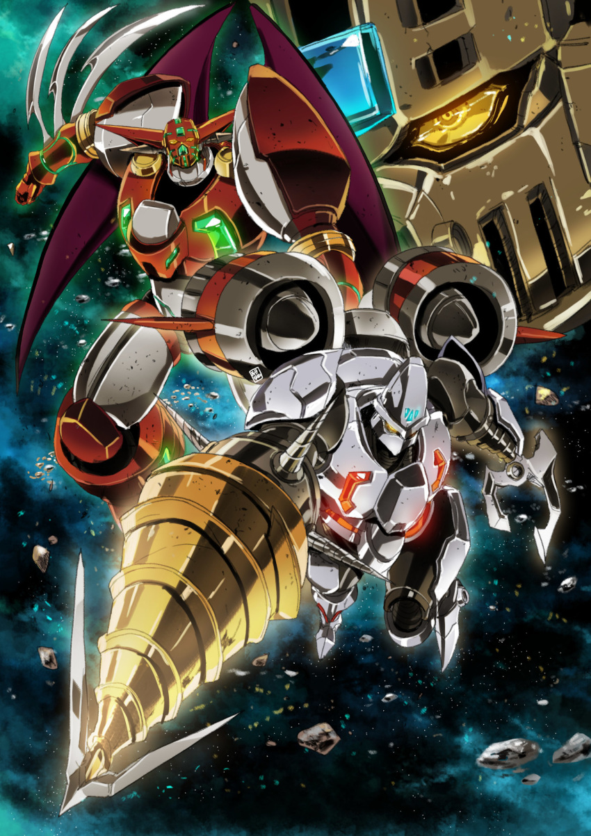 clenched_hands, close-up, drill, flying, garimpeiro, getter_robo, glowing, glowing_eyes