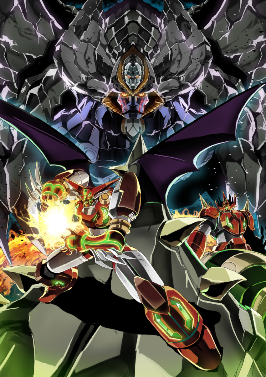 2boys, cowen, energy_ball, garimpeiro, getter_dragon, getter_robo, glowing, glowing_eyes, highres, looking_at_viewer, looking_up, mecha, monster, multiple_boys, no_humans, shin_getter-1, shin_getter_robo, stinger_(shin_getter_robo), super_robot, wings, yellow_eyes