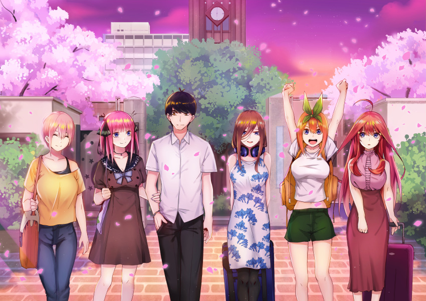 1boy, 5girls, absurdres, ahoge, arm_grab, arms_up, backpack, bag