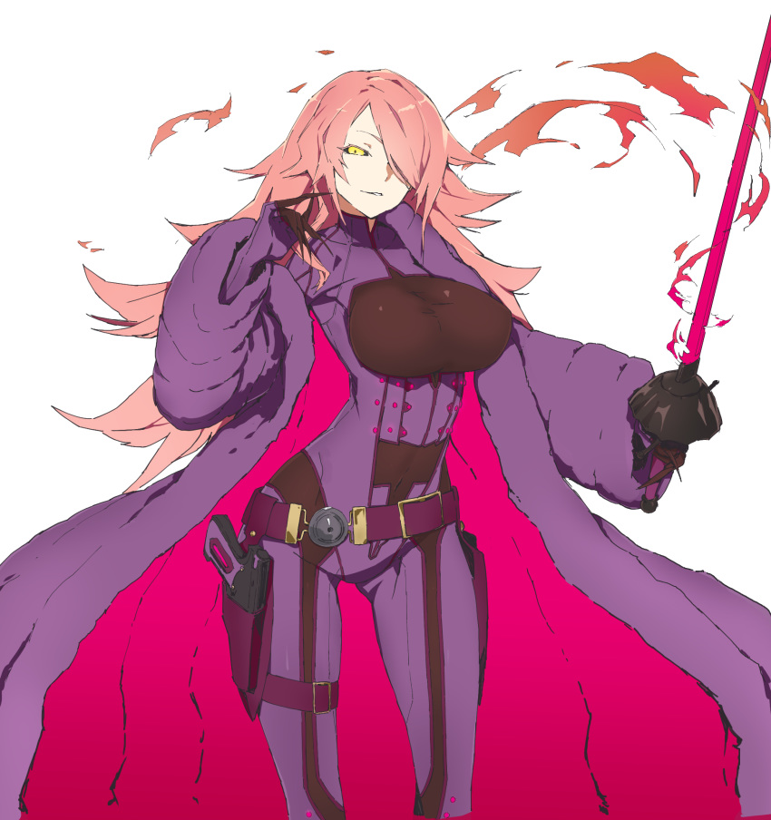1girl, alternate_color, blazblue, blazblue:_cross_tag_battle, cosplay, fire, highres, kirijou_mitsuru, kirijou_mitsuru_(cosplay), konoe_a_mercury, madiblitz, persona, persona_3, pink_hair, rapier, seiyuu_connection, sword, tanaka_rie, weapon, yellow_eyes