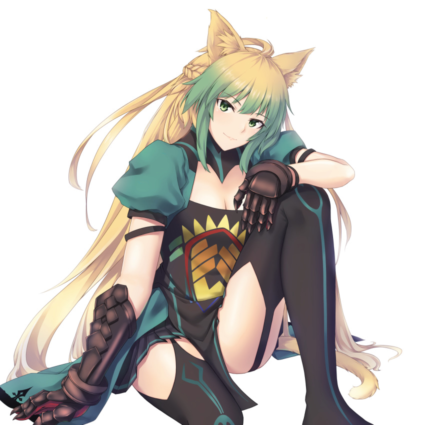 1girl, animal_ears, atalanta_(fate), black_legwear, blonde_hair, enchuu, enchuu_kakiemon, eyebrows_visible_through_hair