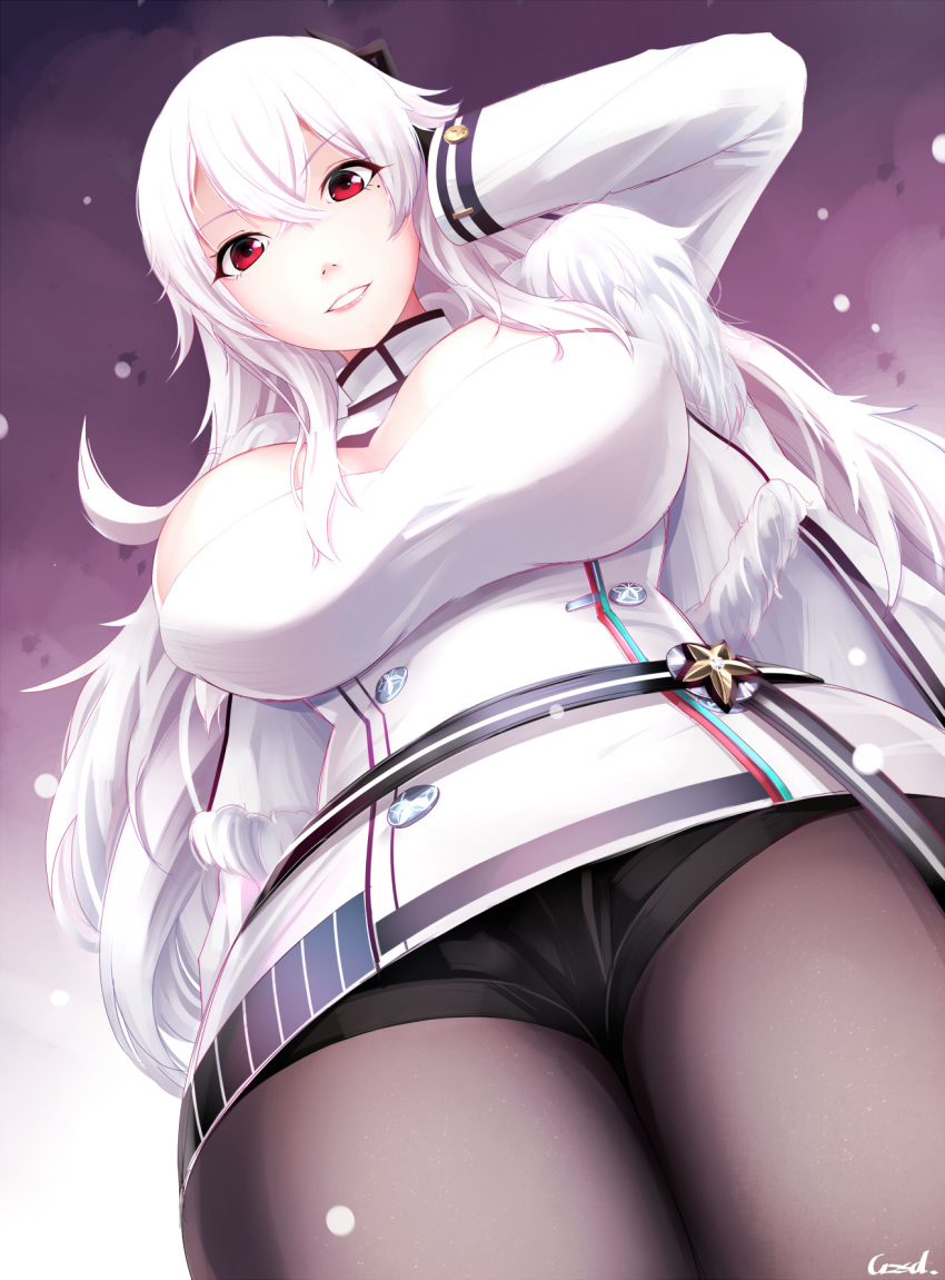 1girl, azur_lane, black_legwear, black_shorts, breasts, eyebrows_visible_through_hair, gangut_(azur_lane), gzsd