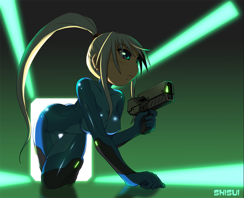 bodysuit, latex, metroid, nintendo, ponytail, samus_aran, shiny, shiny_clothes