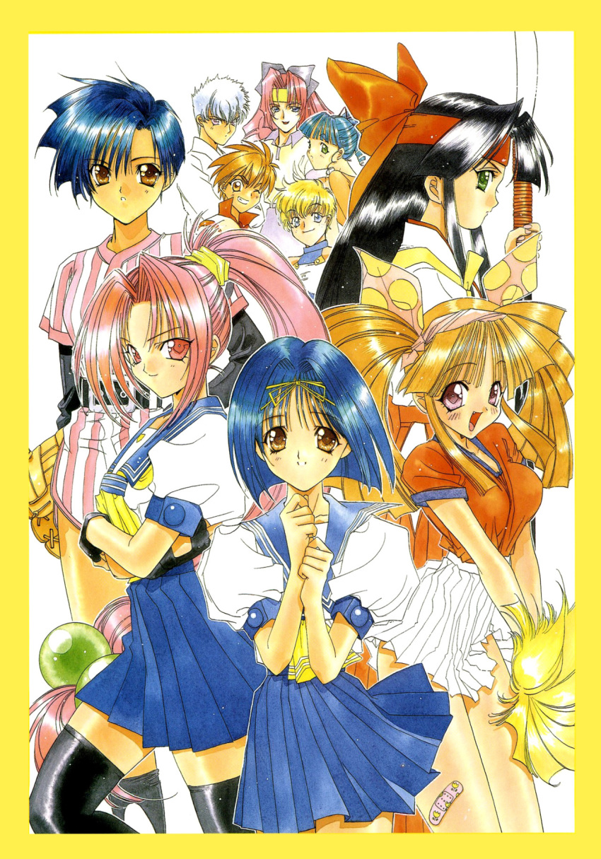 1990s_(style), 6+girls, aqua_hair, asuka_120_percent, bandaid, bandaid_on_leg, baseball_mitt, baseball_uniform