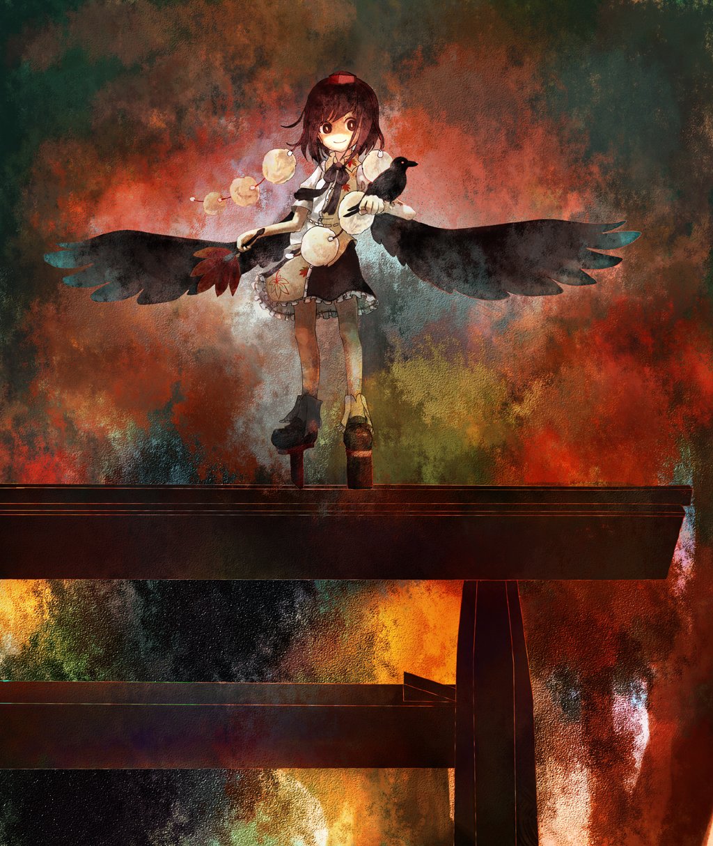 birds, geta, hat, highres, ritsu_(pixiv9642), ritsu_(roboroboro), shameimaru_aya, short_hair, tengu, tengu-geta, torii, touhou, wings