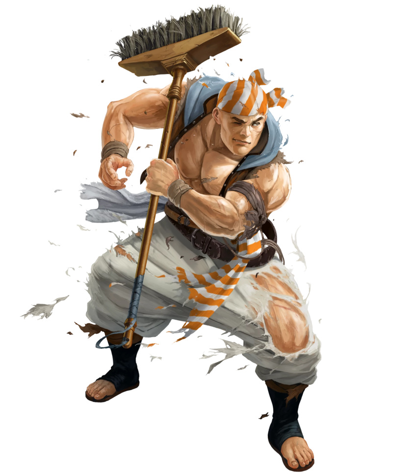 1boy, abs, alternate_costume, bandana, belt, bracelet, broom, brown_eyes, darros_(fire_emblem), fire_emblem, fire_emblem:_mystery_of_the_emblem, fire_emblem_heroes, full_body, highres, injury, ippei_soeda, jewelry, official_art, one_eye_closed, sandals, shirtless, solo, teeth, torn_clothes, transparent_background, vest