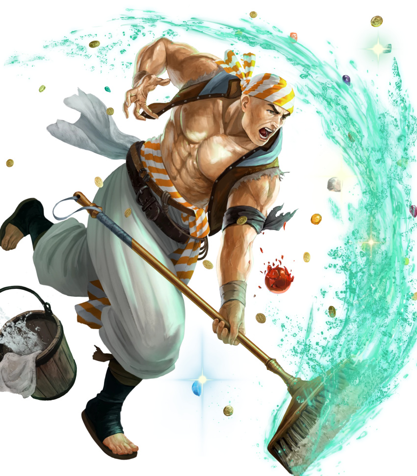 1boy, abs, alternate_costume, bandana, belt, bracelet, broom, brown_eyes, coin, darros_(fire_emblem), fire_emblem, fire_emblem:_mystery_of_the_emblem, fire_emblem_heroes, full_body, gem, highres, ippei_soeda, jewelry, official_art, open_mouth, sandals, shirtless, solo, sparkle, teeth, transparent_background, vest, water