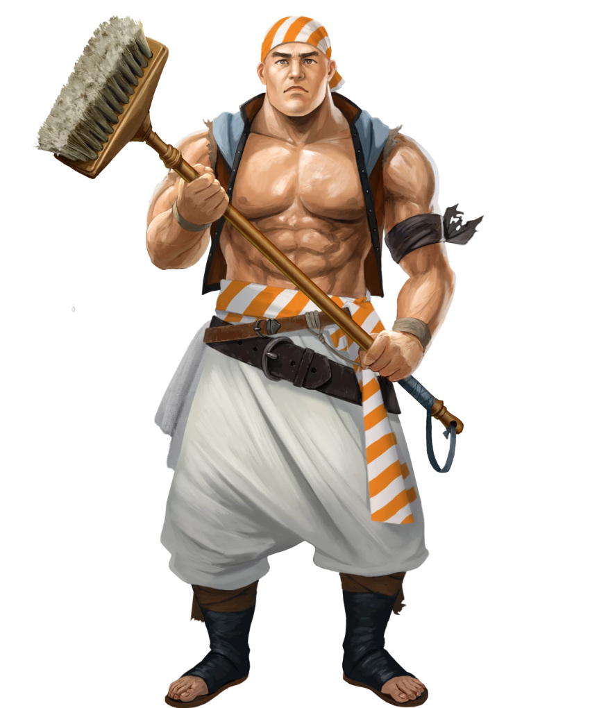 1boy, abs, alternate_costume, bandana, belt, bracelet, broom, brown_eyes