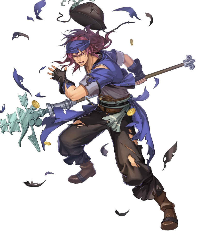 1boy, alternate_costume, belt, boots, feathers, fingerless_gloves, fire_emblem, fire_emblem:_the_binding_blade