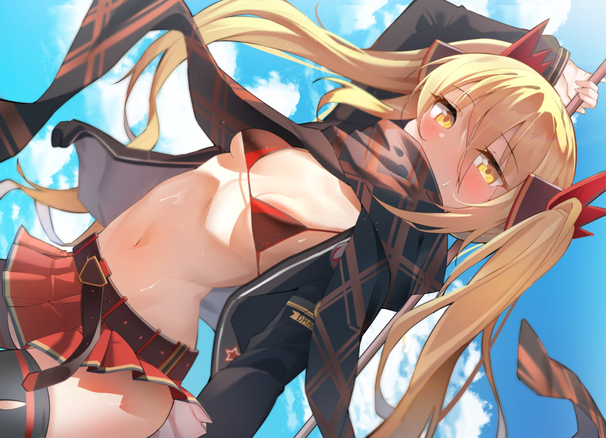 1girl, bangs, belt, bikini, black_jacket, blonde_hair, blue_sky, blush