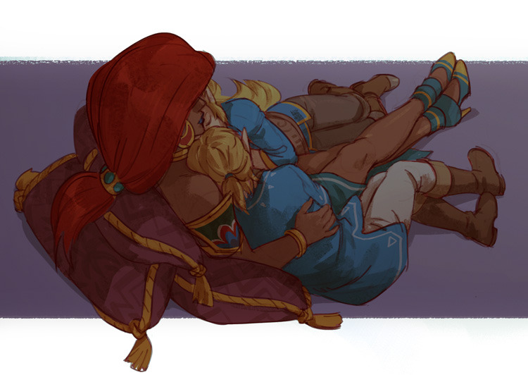 1boy, 2girls, big_hair, blonde_hair, blue_lipstick, blue_tunic, boots, crossed_legs