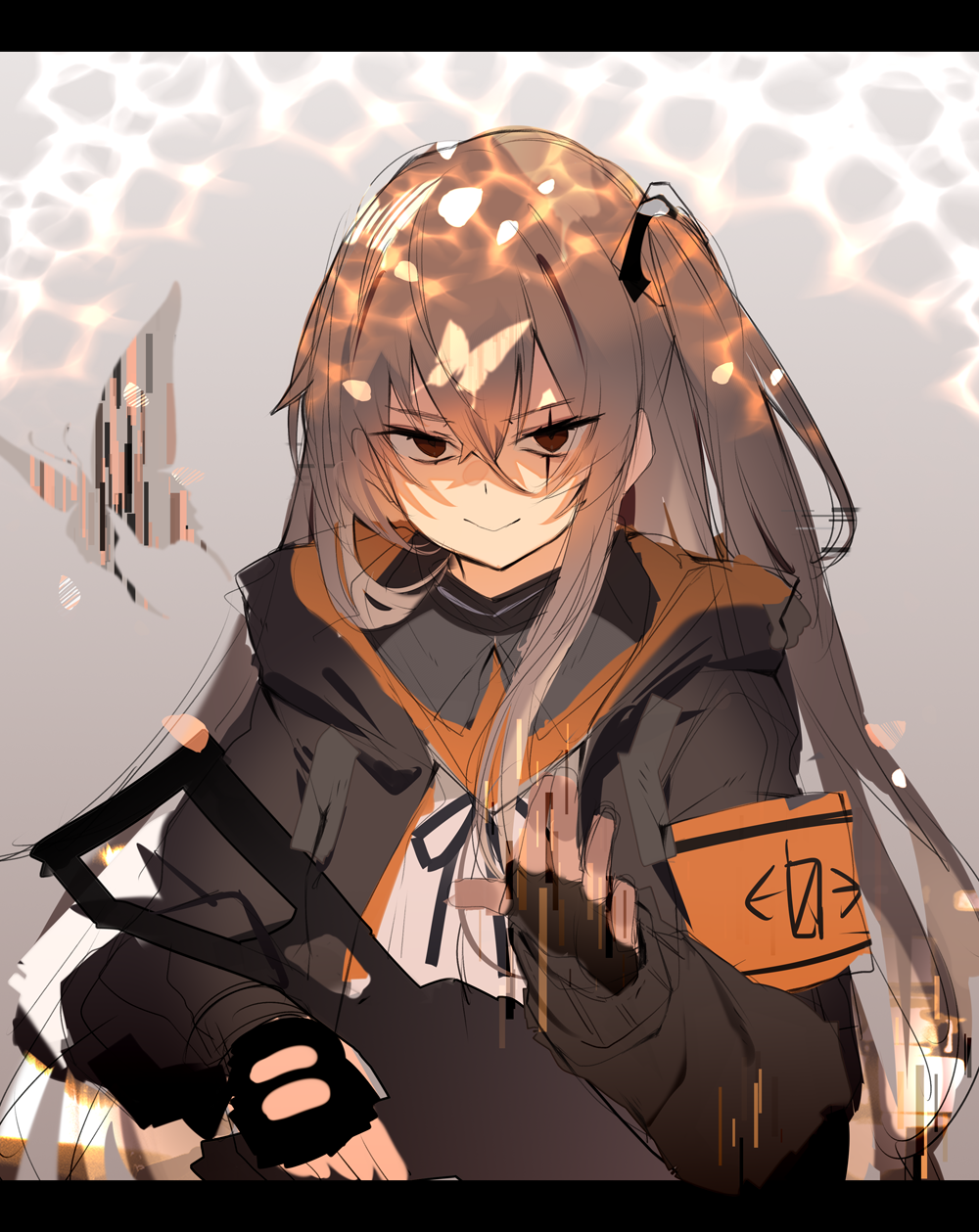 1girl, armband, bangs, black_border, black_gloves, border, brown_hair, bug