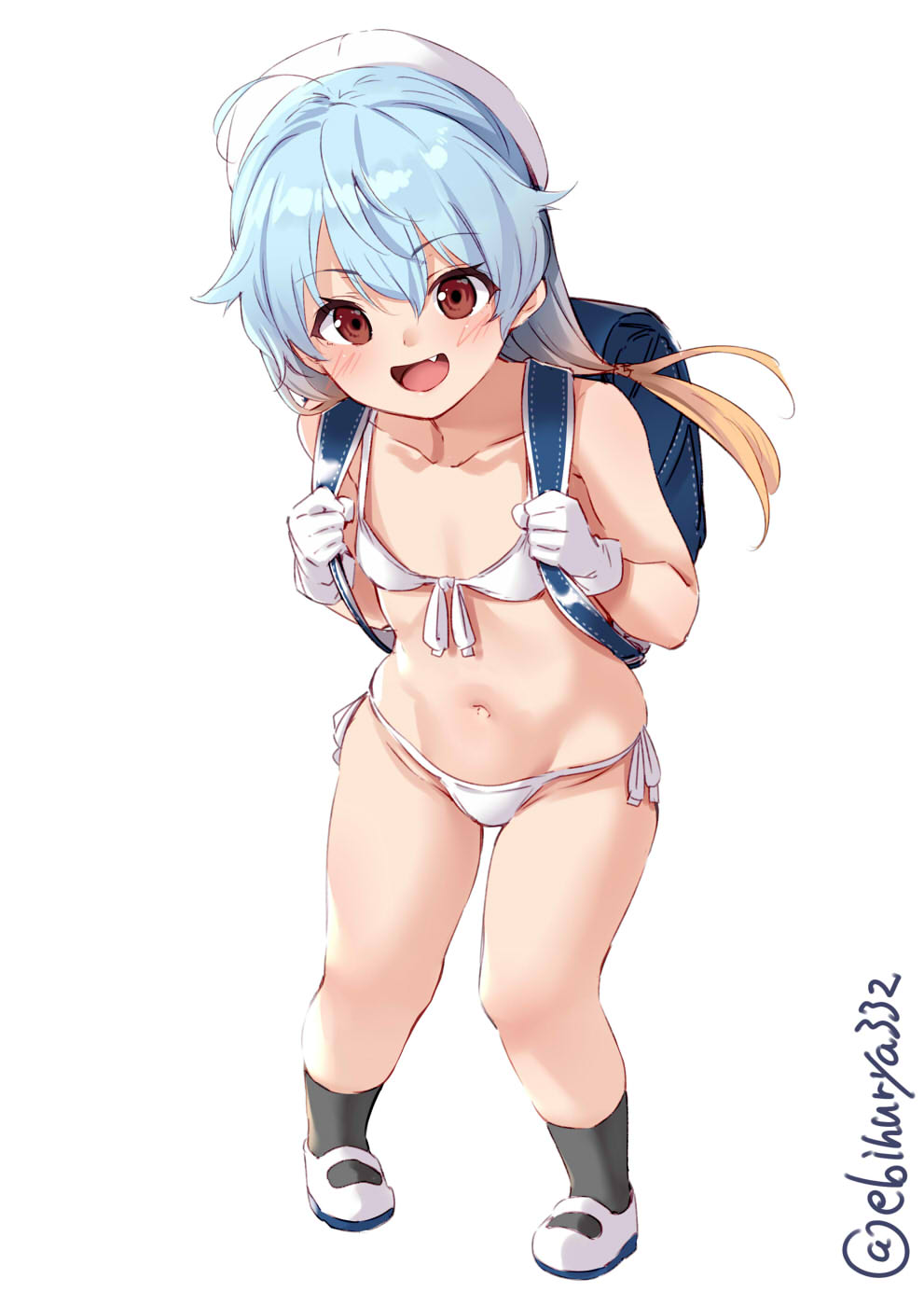 1girl, ahoge, backpack, bag, bikini, black_legwear, blue_hair, blush, collarbone, commentary_request, ebifurya, eyebrows_visible_through_hair, fang, front-tie_bikini, front-tie_top, full_body, gloves, gradient_hair, groin, hair_between_eyes, hat, highres, kantai_collection, kneehighs, long_hair, looking_at_viewer, multicolored_hair, navel, open_mouth, randoseru, red_eyes, ribbon, sado_(kantai_collection), sailor_hat, shoes, side-tie_bikini, simple_background, smile, solo, standing, swimsuit, twitter_username, uwabaki, white_background, white_bikini, white_gloves, white_headwear