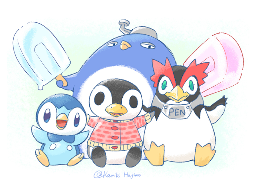 animal, artist_name, aurora_(doubutsu_no_mori), beak, bird, black_eyes, blue_eyes, cardigan, character_name, clothed_animal, commentary_request, crossover, daipenmon, digimon, doubutsu_no_mori, food, gen_4_pokemon, green_eyes, kariki_hajime, looking_at_viewer, multiple_crossover, neon_genesis_evangelion, no_humans, penguin, penpen, pink_cardigan, piplup, pokemon, pokemon_(creature), popsicle, sitting, starter_pokemon, trait_connection
