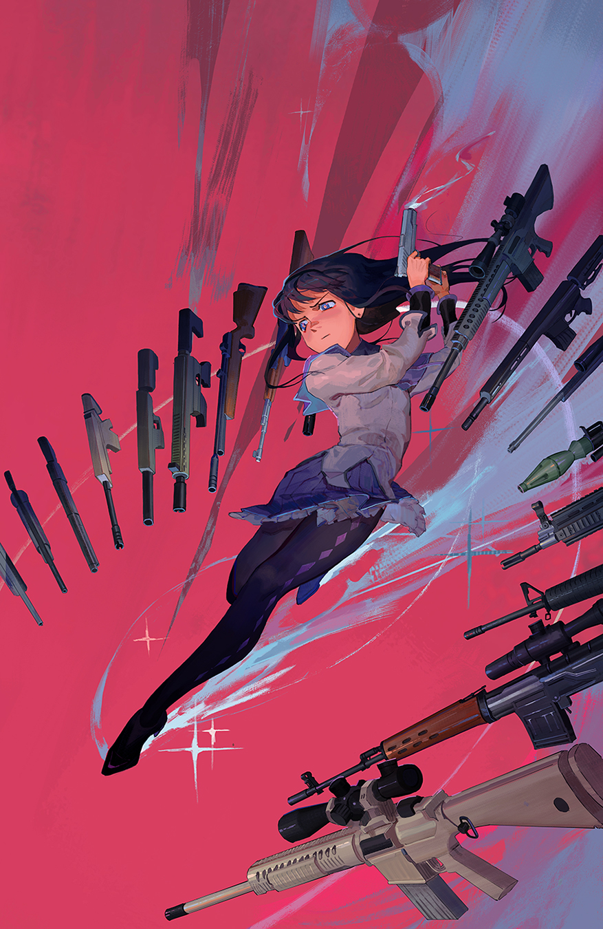 1girl, ak-47, akemi_homura, ar-15, assault_rifle, black_footwear, black_hair, black_legwear