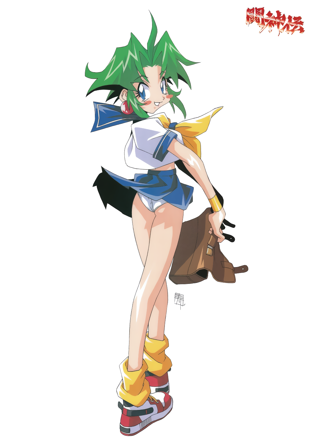 1990s_(style), 1girl, ass, blue_eyes, blue_skirt, blush_stickers, briefcase, earrings, ellis_(toushinden), eyebrows_visible_through_hair, fur_trim, green_hair, grin, highres, holding, holding_briefcase, jewelry, kotobuki_tsukasa, logo, looking_at_viewer, loose_socks, neckerchief, official_art, panties, pantyshot, pleated_skirt, school_briefcase, school_uniform, shoes, short_sleeves, simple_background, skirt, smile, sneakers, solo, standing, toushinden, underwear, white_background, white_panties, wind, wind_lift, wristband