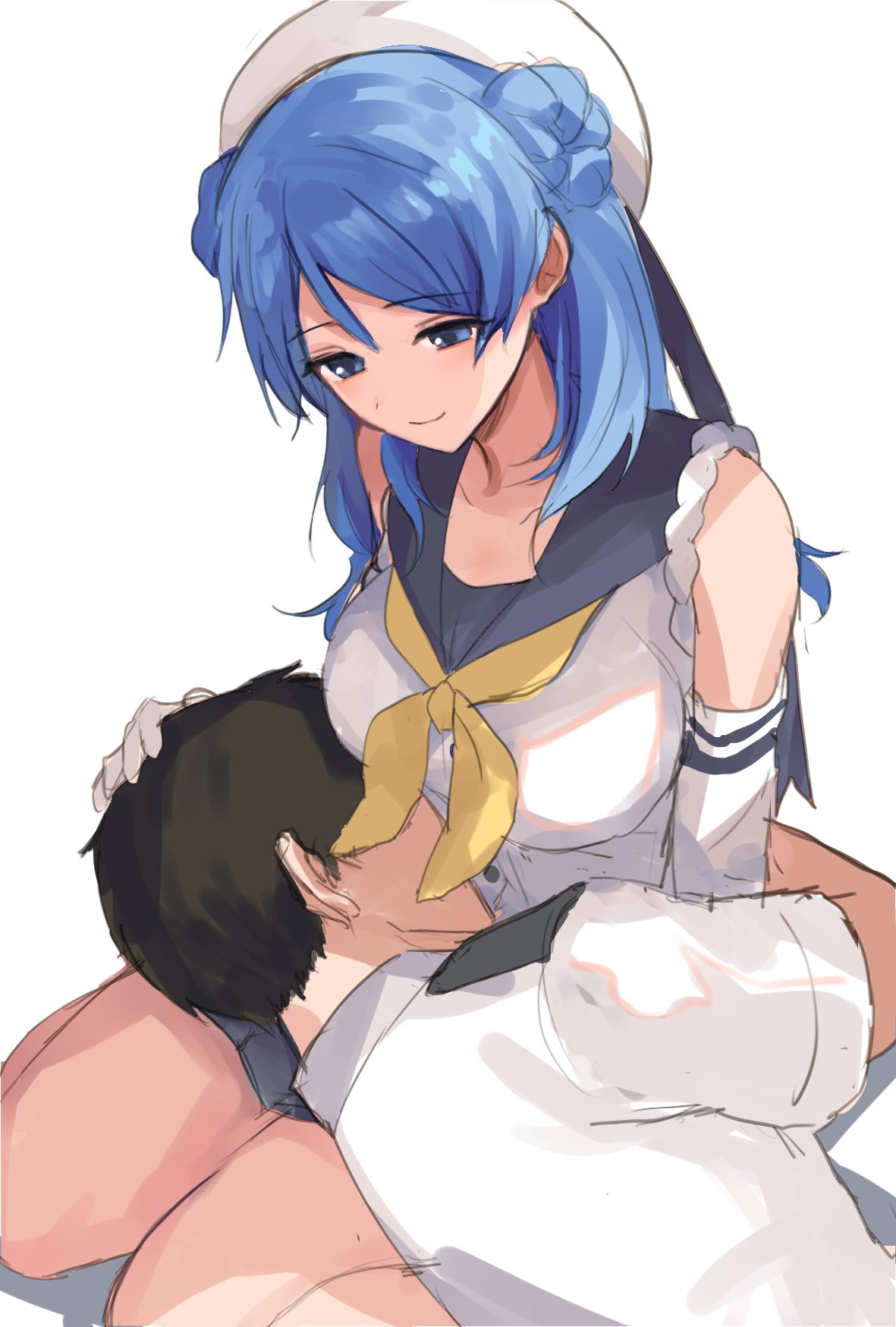 1boy, 1girl, admiral_(kantai_collection), blue_hair, blue_sailor_collar, double_bun, elbow_gloves, eyebrows_visible_through_hair