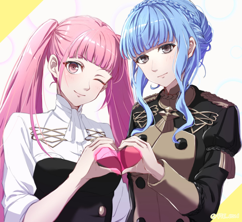2girls, blue_hair, braid, brown_eyes, closed_mouth, crown_braid, fire_emblem, fire_emblem:_three_houses
