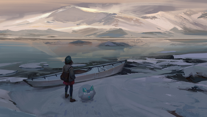 1girl, backpack, bag, blue_legwear, boat, coat, commentary_request, creature